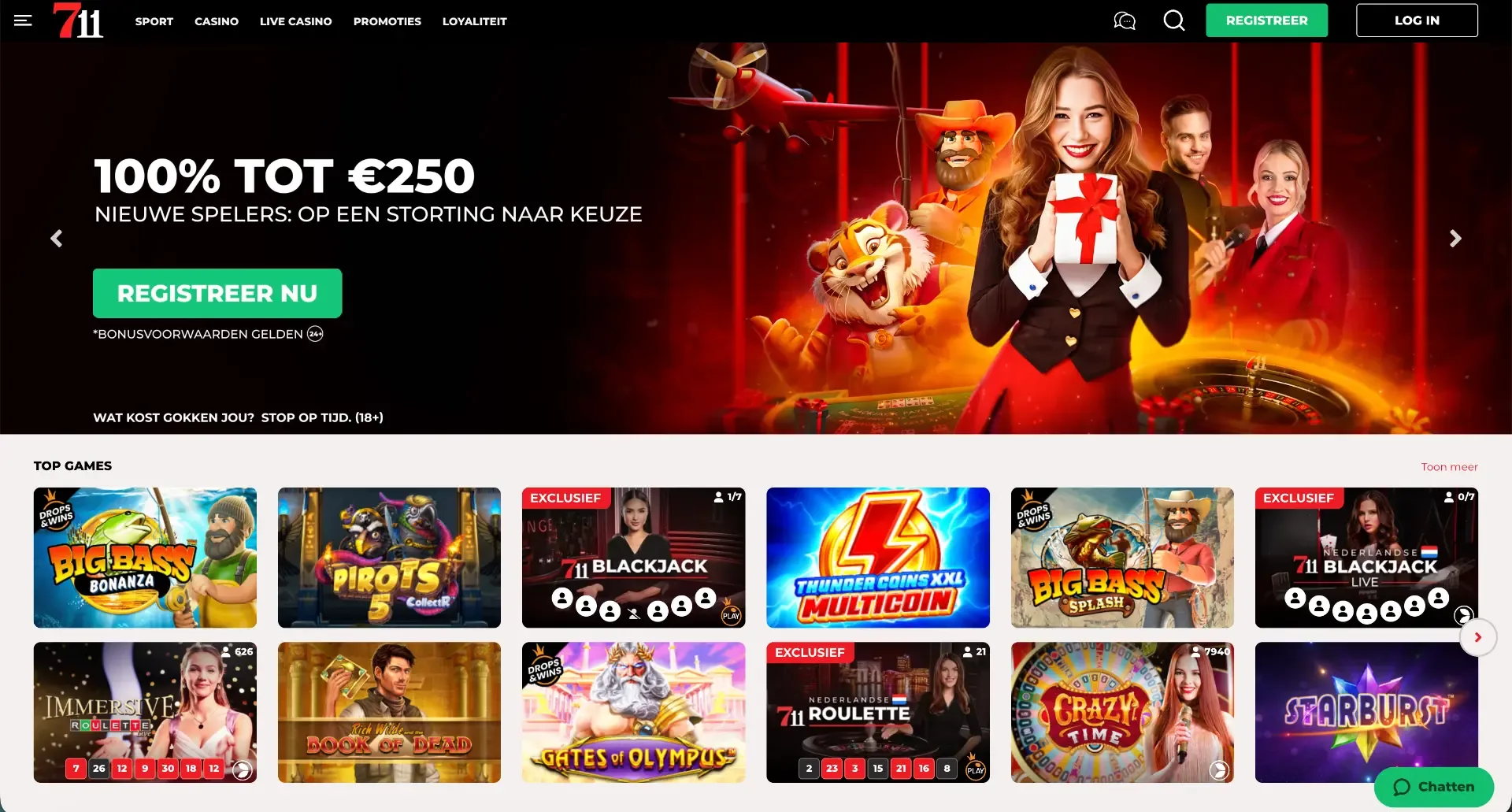 Nederlandse 711 homepage met slots en live casinospellen