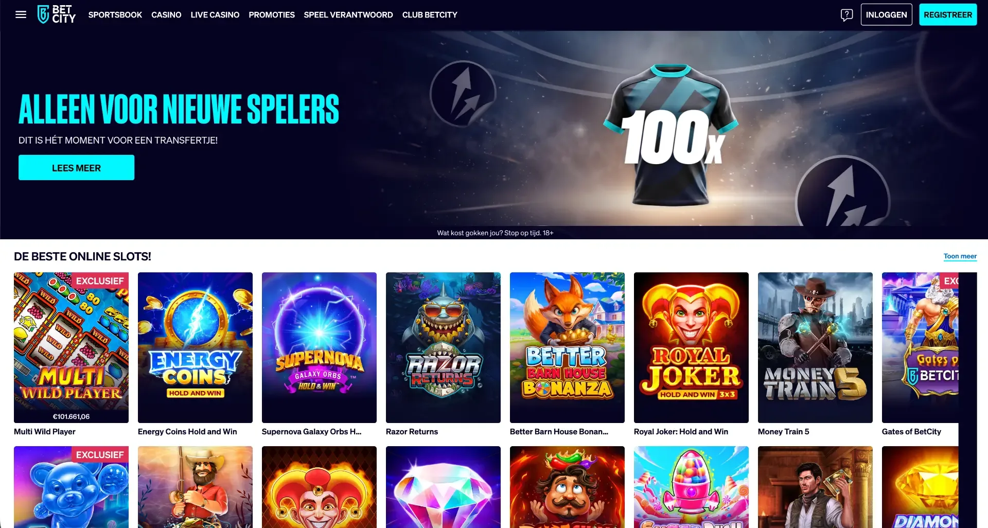 Nederlandse BetCity homepage met casinospellen en een sportpromotie