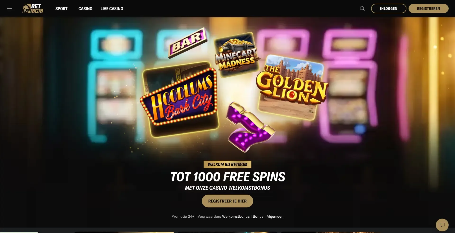 Nederlandse BetMGM homepage met casinospellen en welkomstpromotie