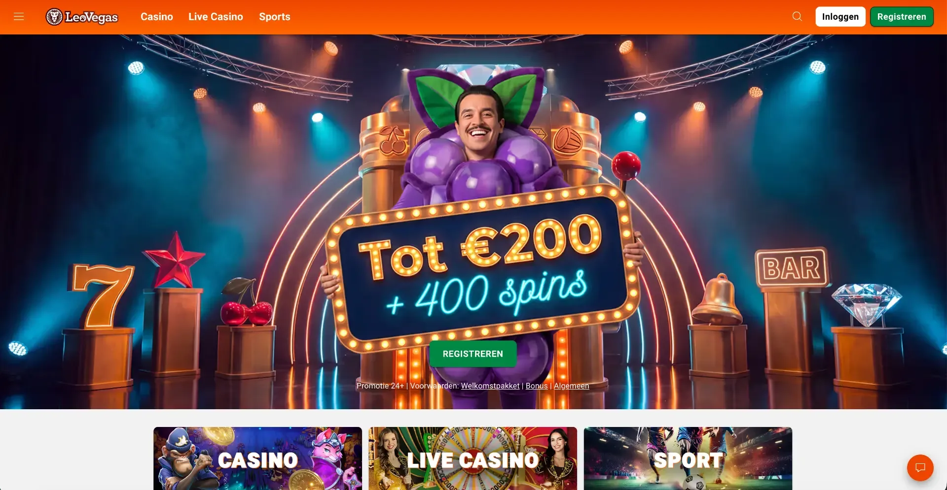 Nederlandse LeoVegas homepage met casino, live casino en sport