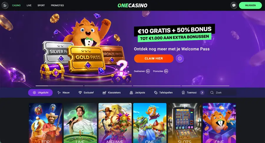 Nederlandse OneCasino lobby met casinospellen