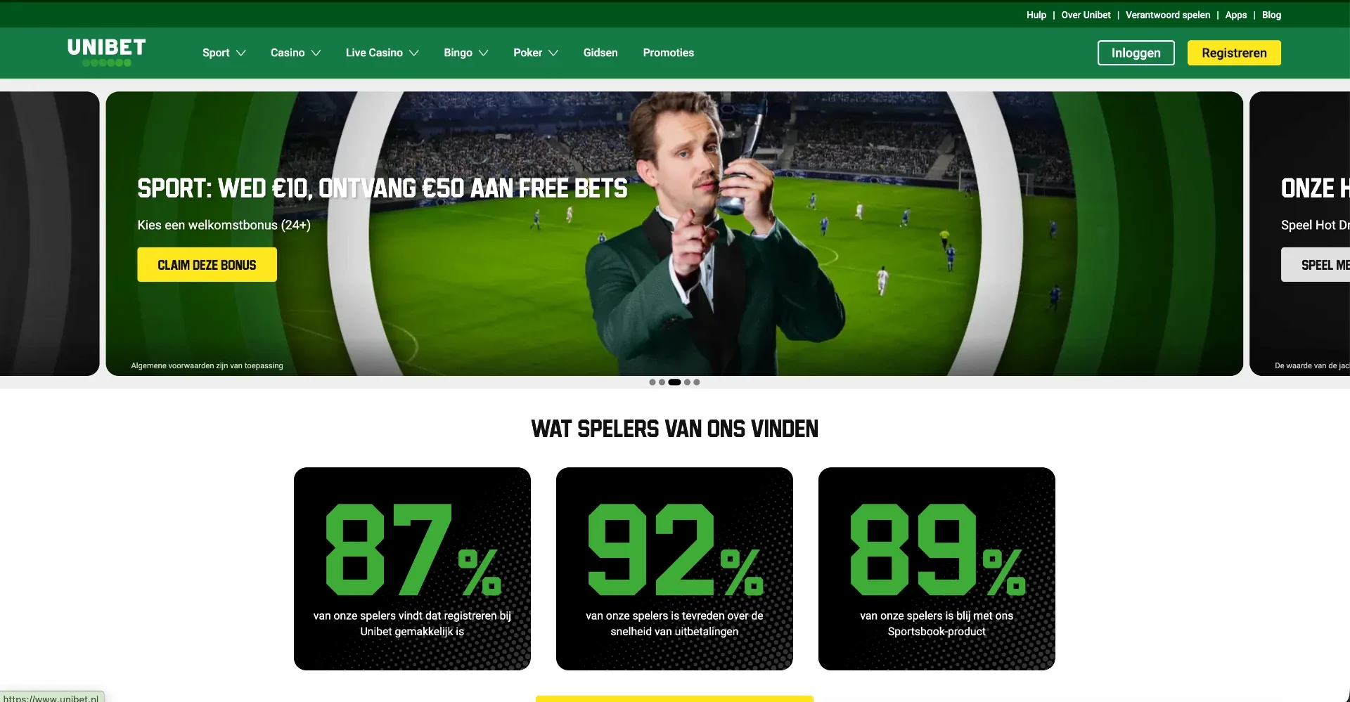 Nederlandse Unibet homepage met sportpromotie en spelersbeoordelingen